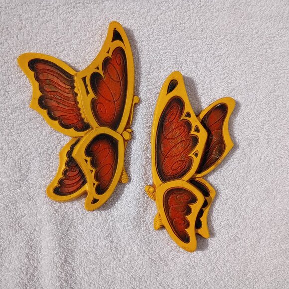 Universal Statuary Butterfly Pair Wall Decor 1973 MCM Orange Yellow Butterflies - Picture 4 of 11